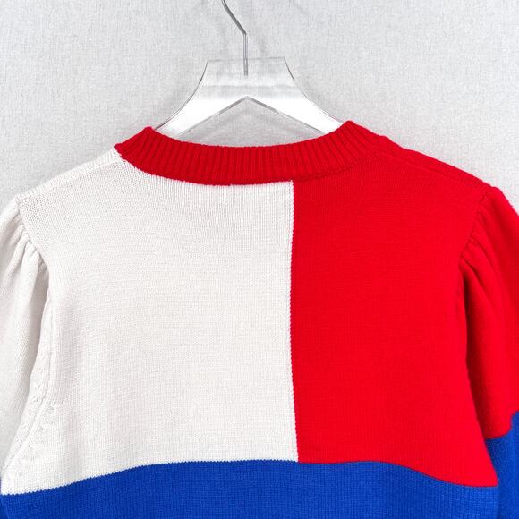 FARM RIO Floral Knit Sweater Women Medium Red White Blue Crew Balloon Colorblock - Picture 6 of 16